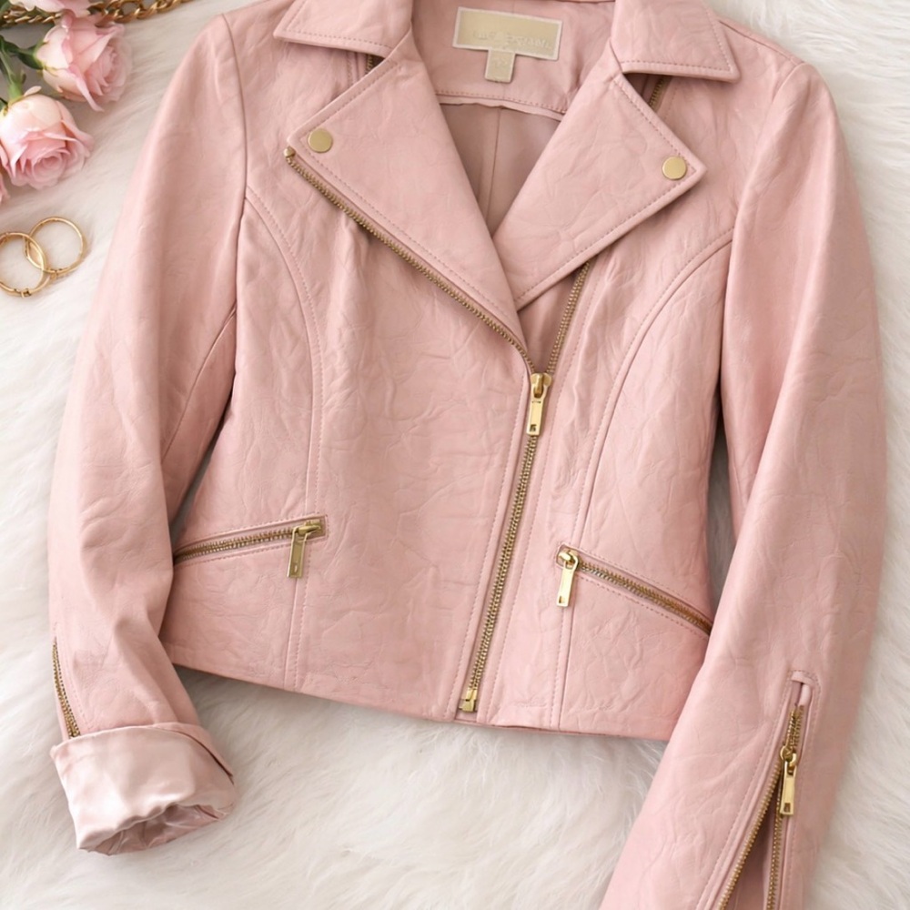 Michael Kors 100% LAMB leather Moto Jacket - Light Pink Gold Hardware Size Small